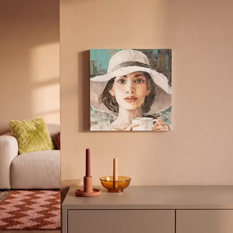 Canvas schilderij - Schilderij - Olieverf - Vrouw - Koffie - Hoed — 2