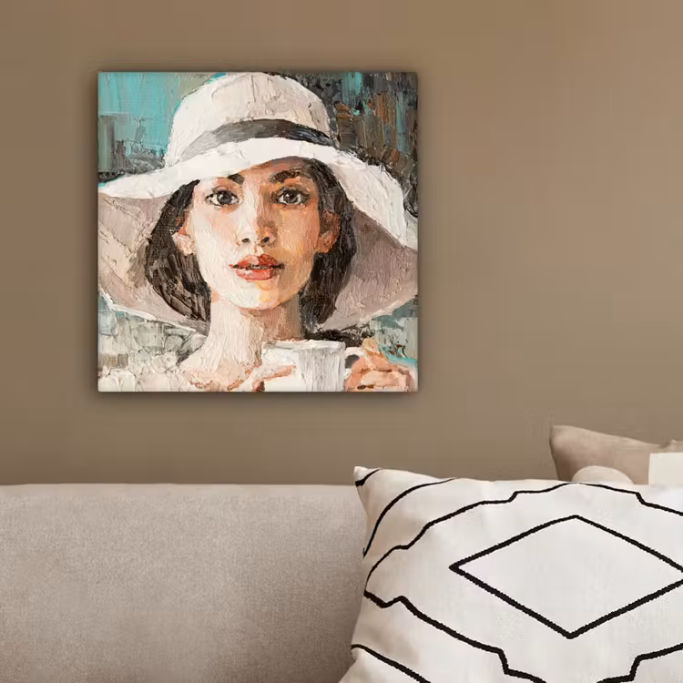 Canvas schilderij - Schilderij - Olieverf - Vrouw - Koffie - Hoed — 3