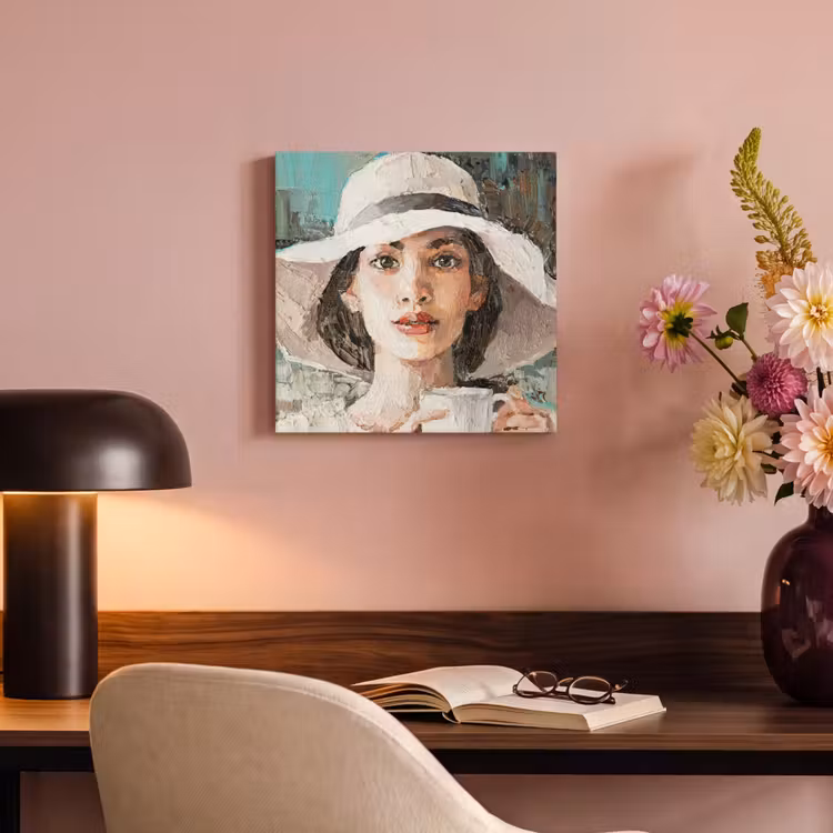 Canvas schilderij - Schilderij - Olieverf - Vrouw - Koffie - Hoed — 4