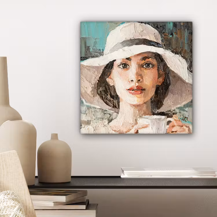 Canvas schilderij - Schilderij - Olieverf - Vrouw - Koffie - Hoed — 5