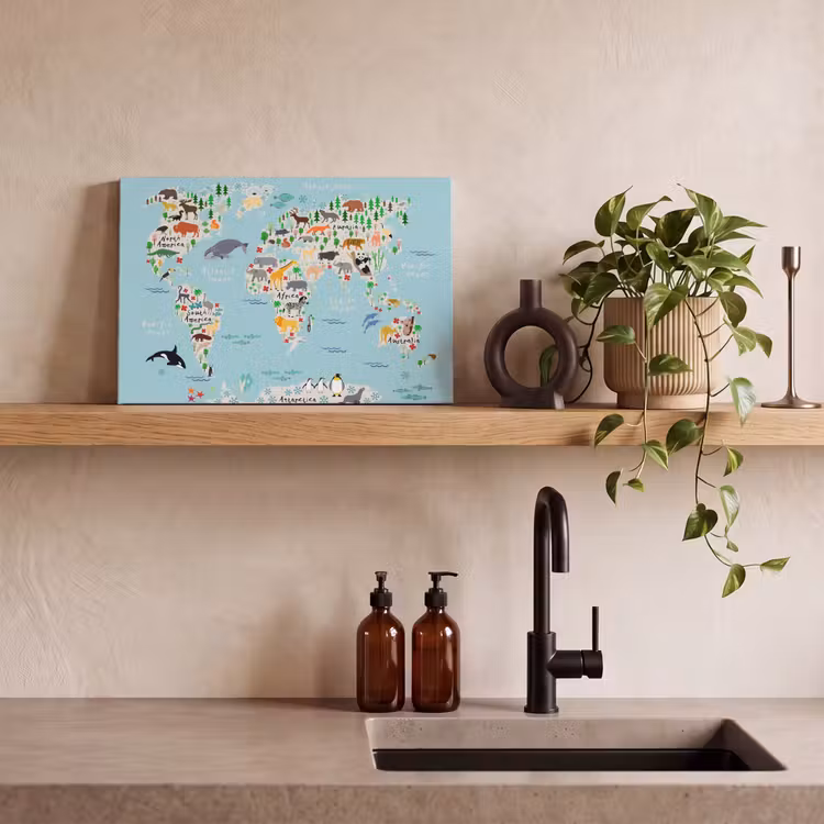 Canvas schilderij - Wereldkaart - Kinderen - Dieren - Blauw - Orka - Walvis — 2