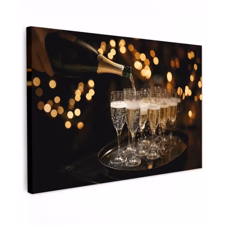 Canvas schilderij - Lichtjes - Champagne - Dienblad - Glazen — 1