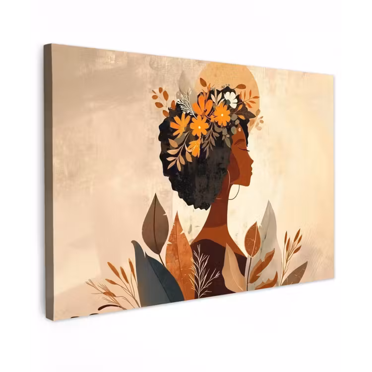 Canvas schilderij - Vrouw - Krullen - Bloemen - Beige — 1
