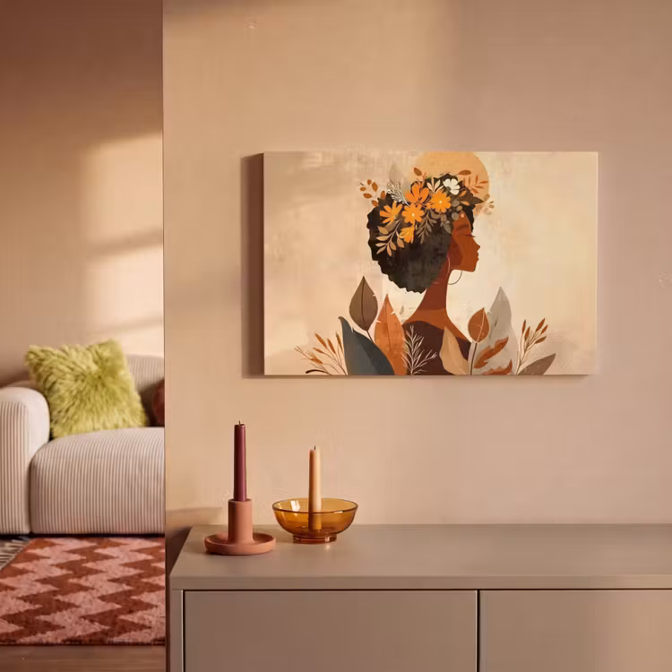 Canvas schilderij - Vrouw - Krullen - Bloemen - Beige — 2