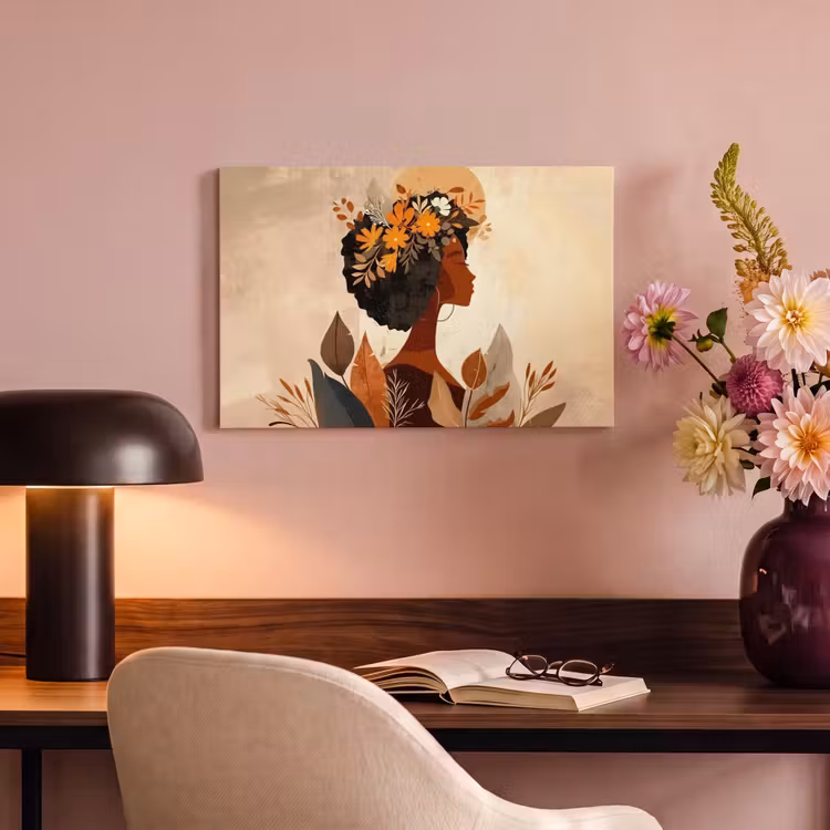 Canvas schilderij - Vrouw - Krullen - Bloemen - Beige — 4