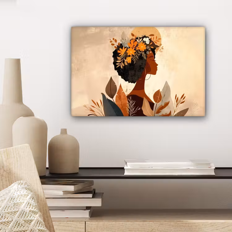 Canvas schilderij - Vrouw - Krullen - Bloemen - Beige — 5