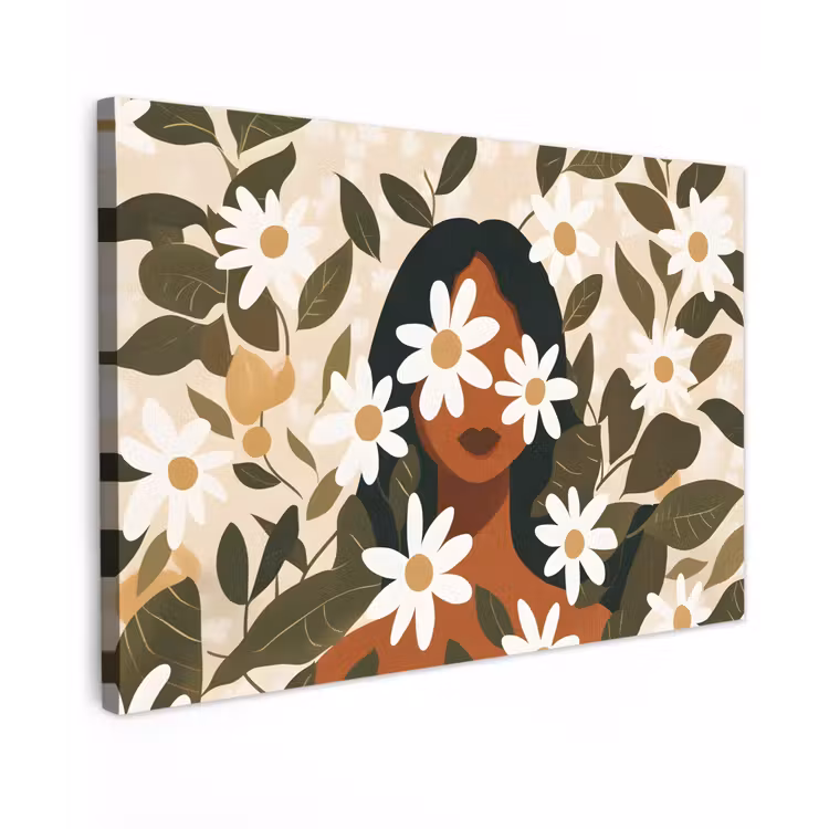 Canvas schilderij - Illustratie - Vrouw - Madeliefjes - Wit — 1