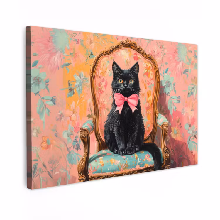 Canvas schilderij - Kat - Roze - Stoel met bloemenmotief — 1