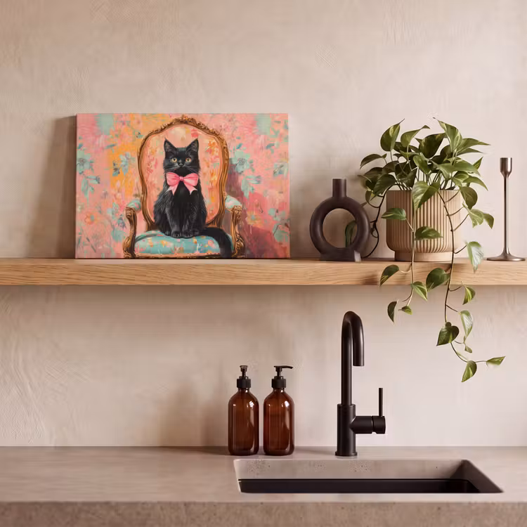 Canvas schilderij - Kat - Roze - Stoel met bloemenmotief — 3