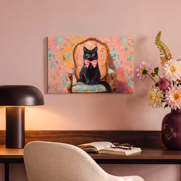 Canvas schilderij - Kat - Roze - Stoel met bloemenmotief — 4
