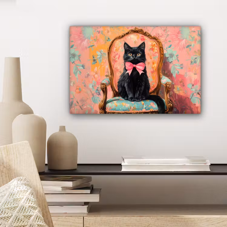 Canvas schilderij - Kat - Roze - Stoel met bloemenmotief — 5