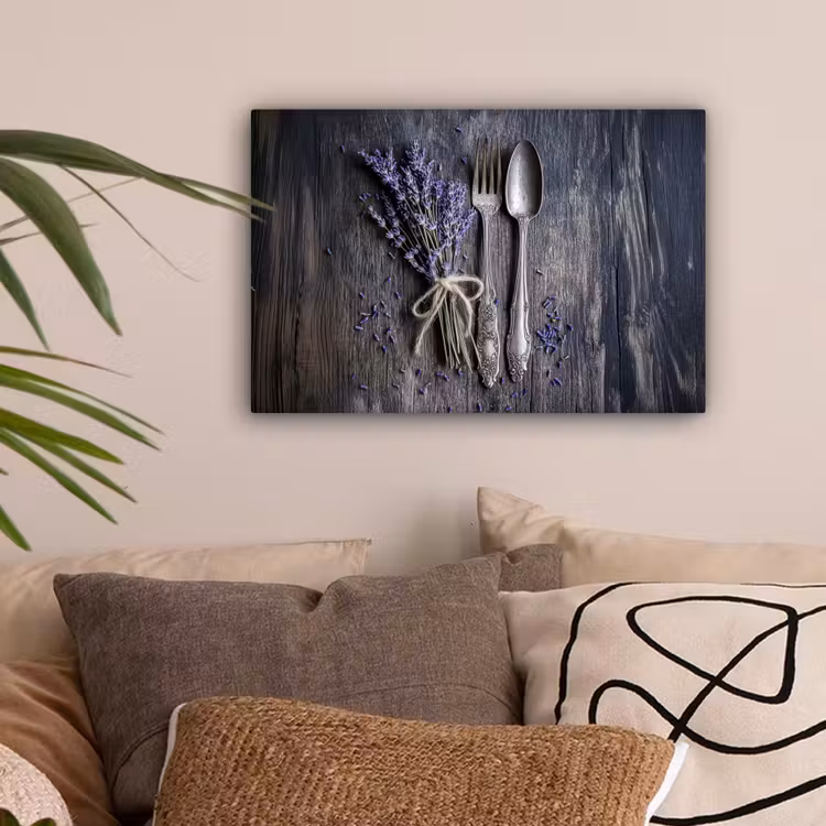 Canvas schilderij - Lavendel - Lepel - Vork — 2