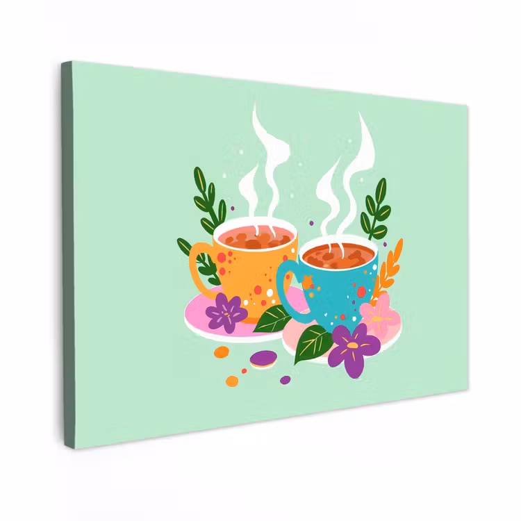 Canvas schilderij - Thee - Illustratie - Kopjes - Bloemen — 1