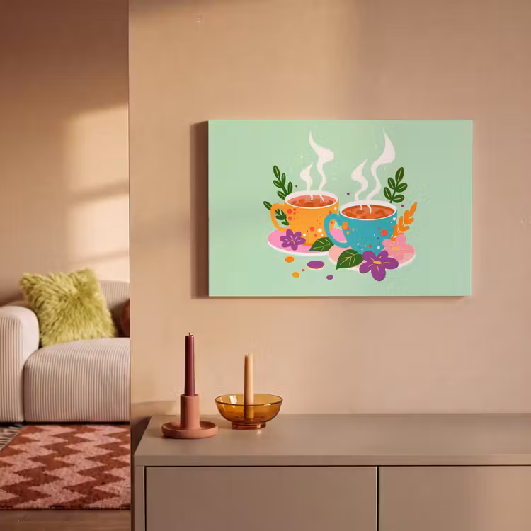 Canvas schilderij - Thee - Illustratie - Kopjes - Bloemen — 2