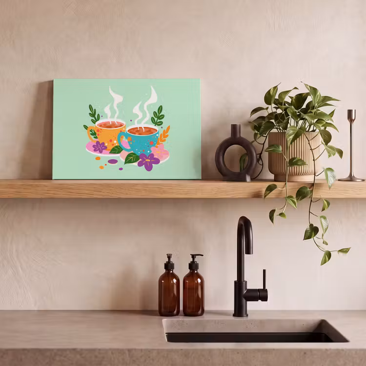 Canvas schilderij - Thee - Illustratie - Kopjes - Bloemen — 3