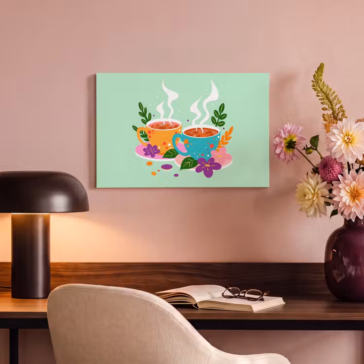 Canvas schilderij - Thee - Illustratie - Kopjes - Bloemen — 4