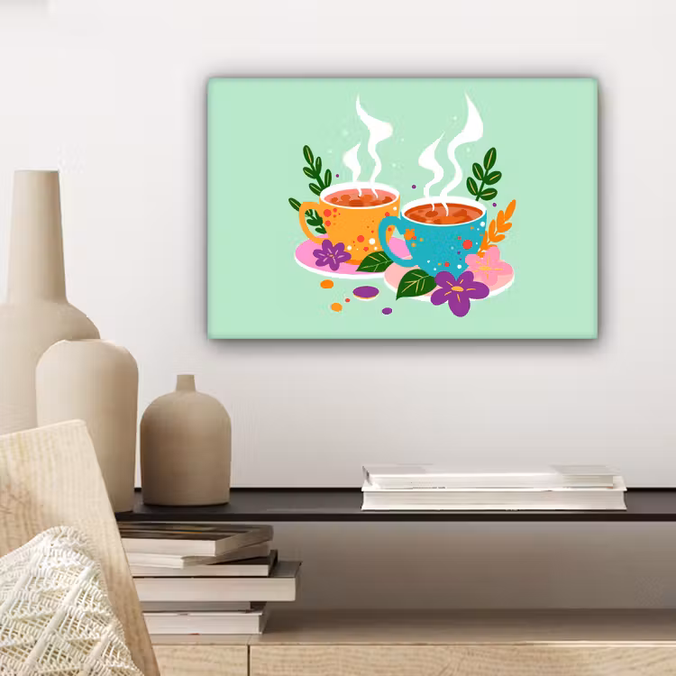 Canvas schilderij - Thee - Illustratie - Kopjes - Bloemen — 5