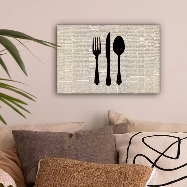 Canvas schilderij - Zwart - Krant - Bestek — 2