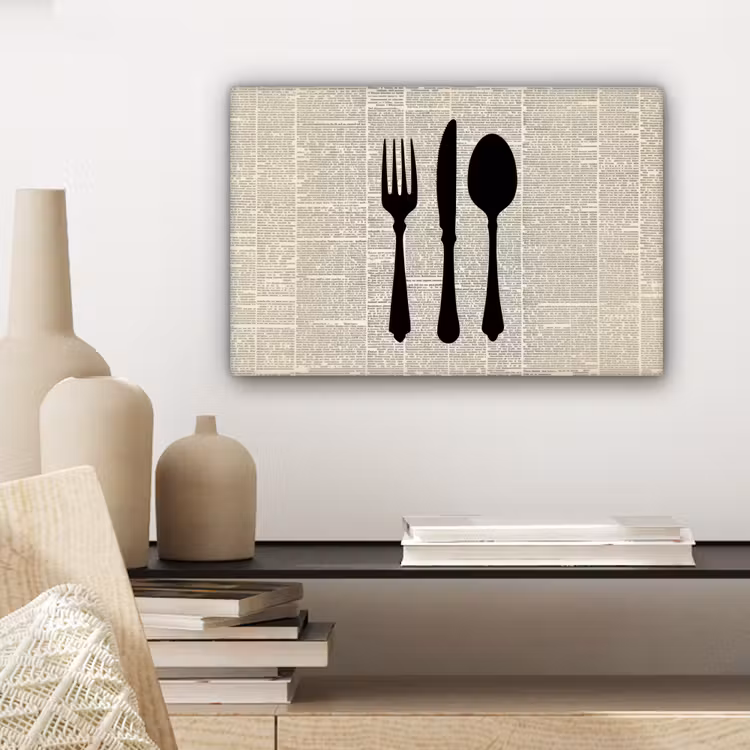 Canvas schilderij - Zwart - Krant - Bestek — 5