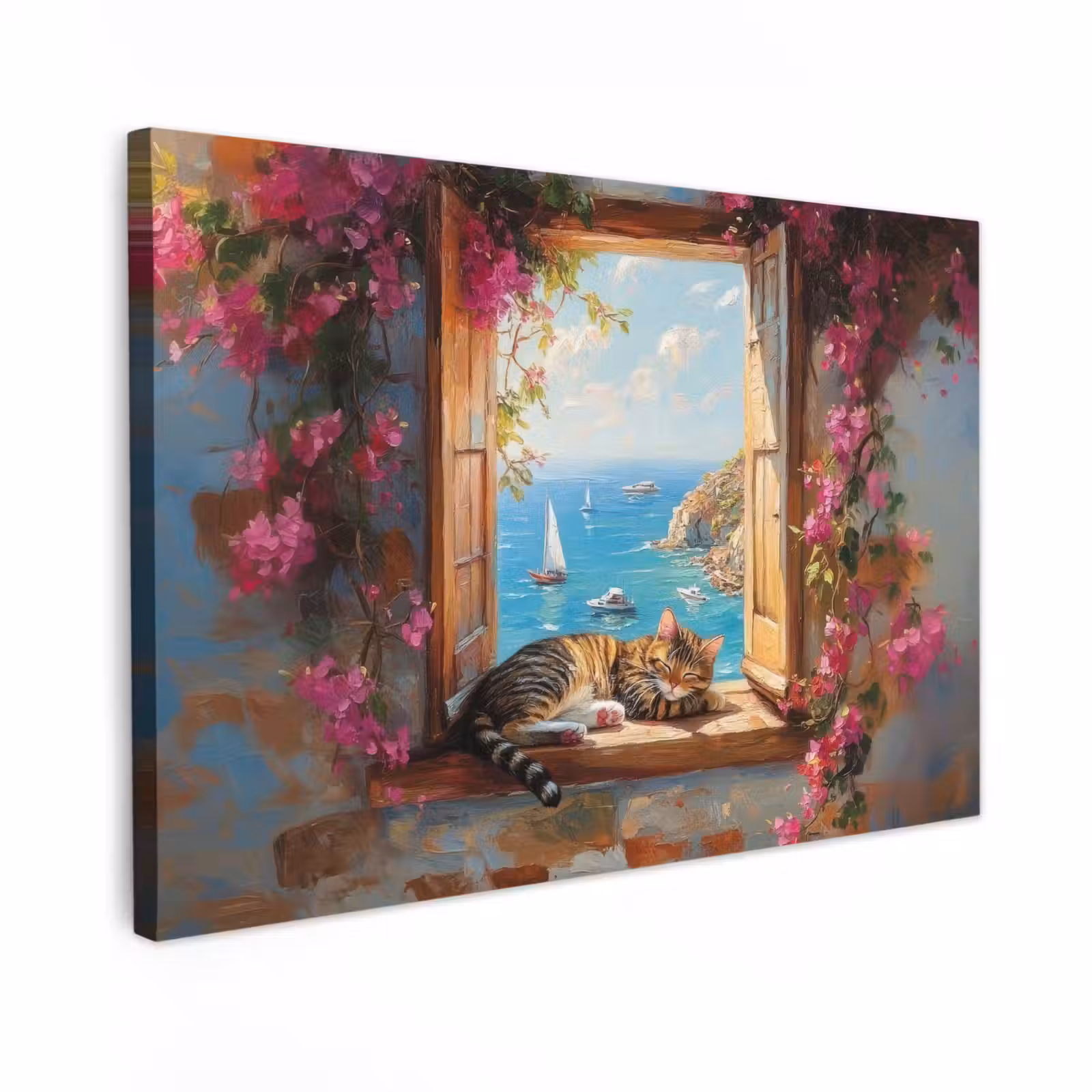 Canvas schilderij - Kat - Blauwe zee - Roze bloemen — 1