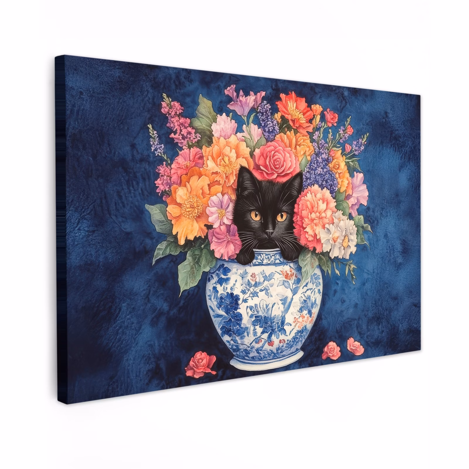 Canvas schilderij - Kat - Felgekleurde bloemen - Vaas — 1