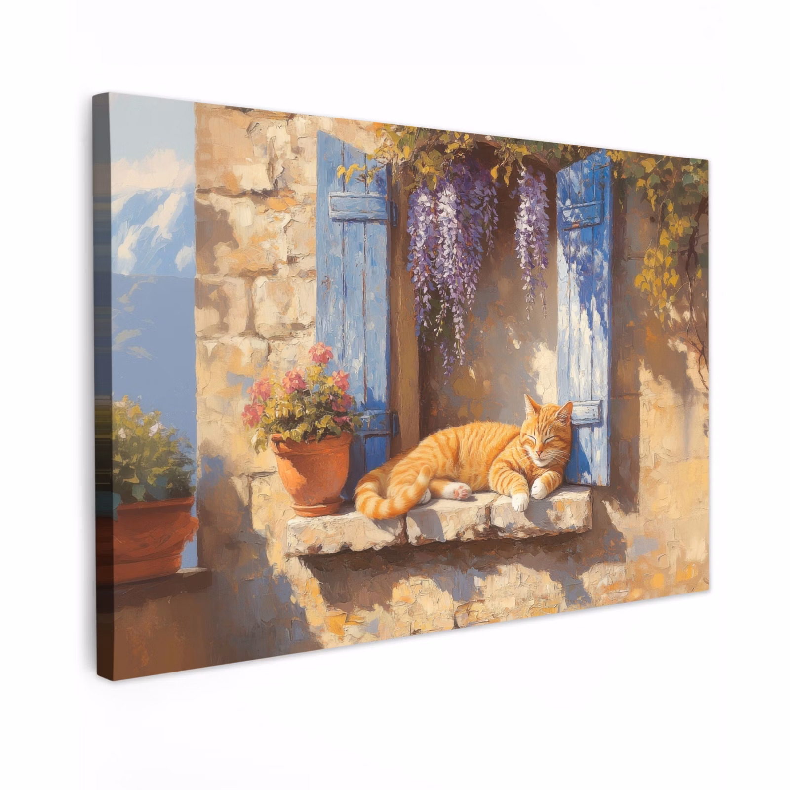 Canvas schilderij - Kat - Stenen vensterbank - Bloemen — 1
