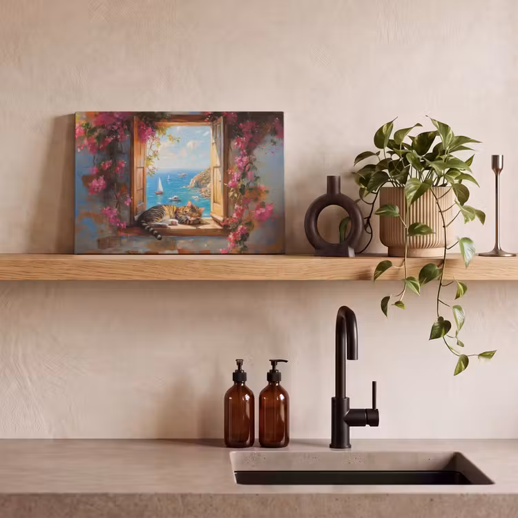 Canvas schilderij - Kat - Blauwe zee - Roze bloemen — 3