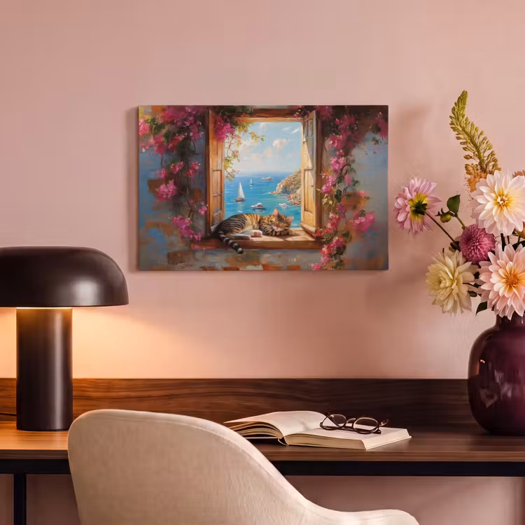 Canvas schilderij - Kat - Blauwe zee - Roze bloemen — 4