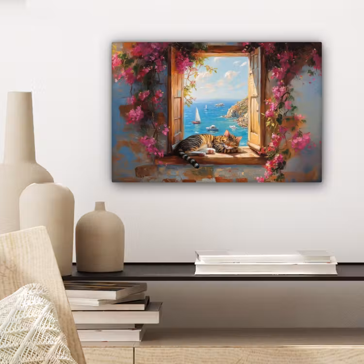 Canvas schilderij - Kat - Blauwe zee - Roze bloemen — 5