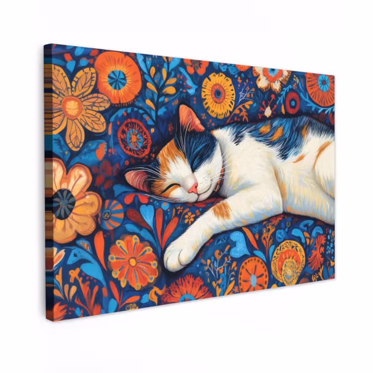 Canvas schilderij - Kat - Bloemenpatroon - Blauw - Oranje — 1