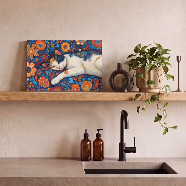 Canvas schilderij - Kat - Bloemenpatroon - Blauw - Oranje — 3