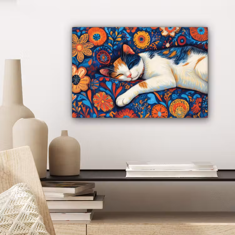 Canvas schilderij - Kat - Bloemenpatroon - Blauw - Oranje — 5