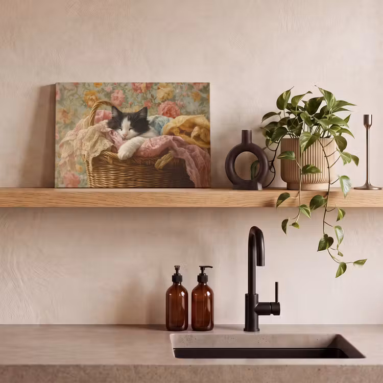 Canvas schilderij - Kat - Bloemenprint - Rieten mand — 3