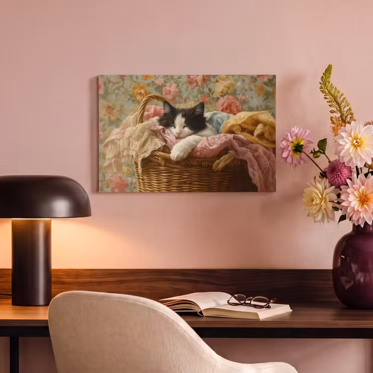 Canvas schilderij - Kat - Bloemenprint - Rieten mand — 4
