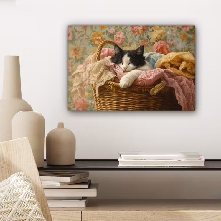 Canvas schilderij - Kat - Bloemenprint - Rieten mand — 5