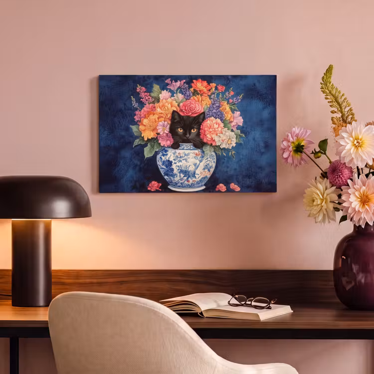 Canvas schilderij - Kat - Felgekleurde bloemen - Vaas — 4