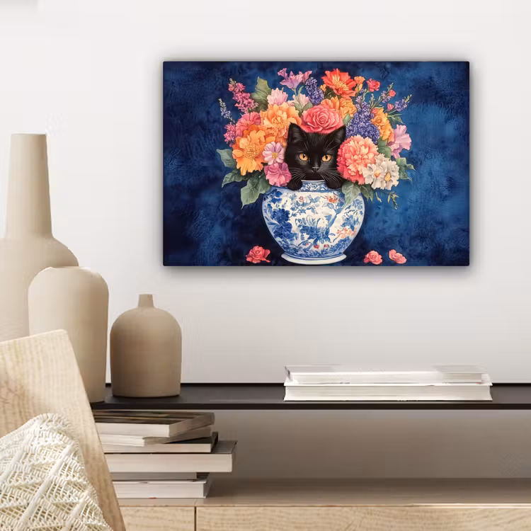 Canvas schilderij - Kat - Felgekleurde bloemen - Vaas — 5