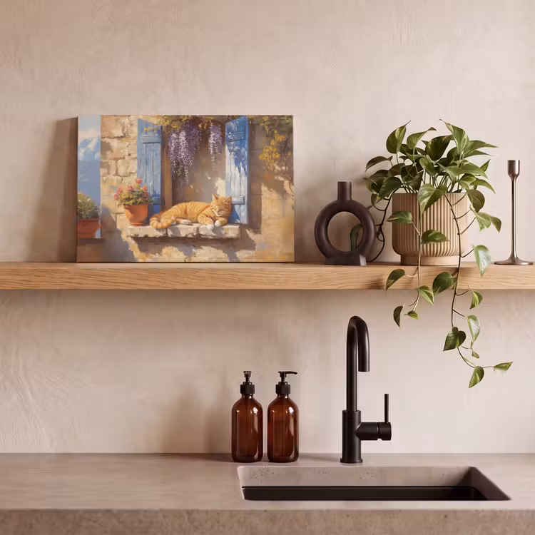 Canvas schilderij - Kat - Stenen vensterbank - Bloemen — 3