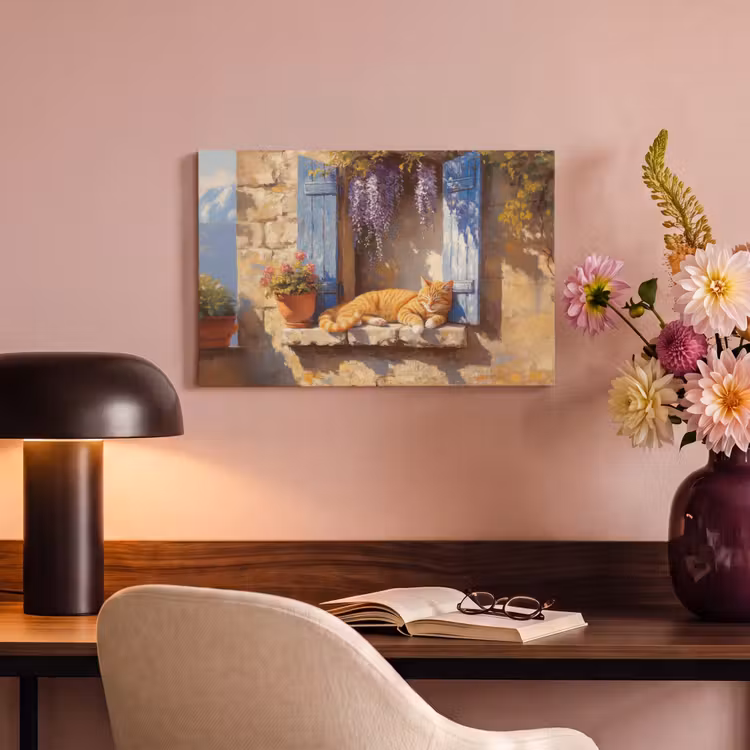 Canvas schilderij - Kat - Stenen vensterbank - Bloemen — 4