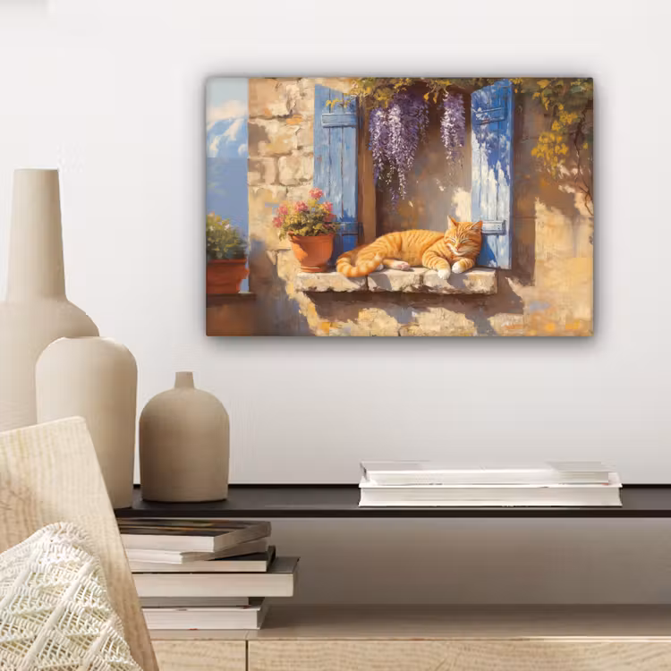 Canvas schilderij - Kat - Stenen vensterbank - Bloemen — 5