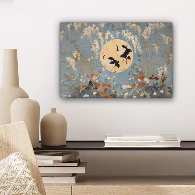 Canvas schilderij - Kraanvogels - Maan - Bloemen - Blauw — 5