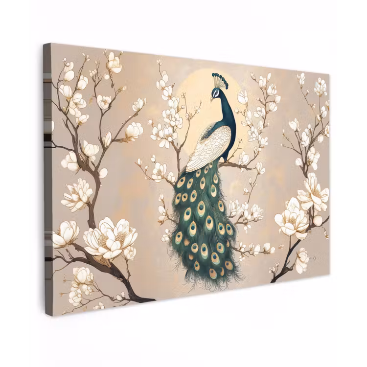 Canvas schilderij - Pauw - Tak - Bloemen — 1