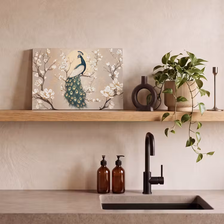 Canvas schilderij - Pauw - Tak - Bloemen — 3