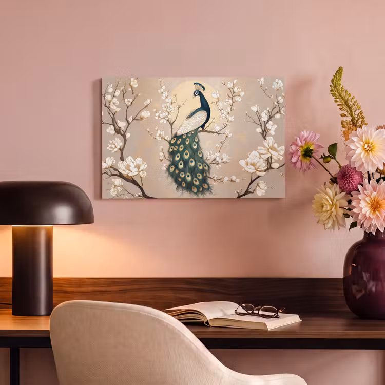 Canvas schilderij - Pauw - Tak - Bloemen — 4