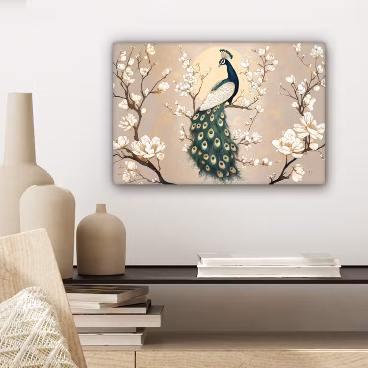 Canvas schilderij - Pauw - Tak - Bloemen — 5
