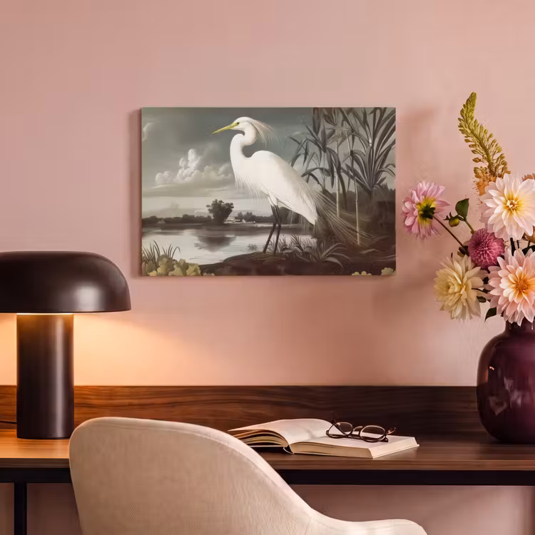 Canvas schilderij - Reiger - Planten - Wolken - Wit — 4