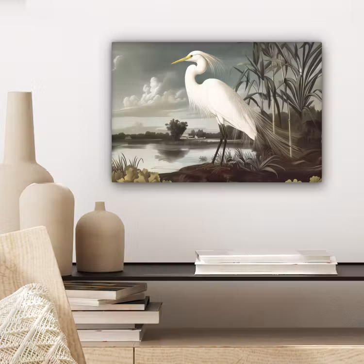 Canvas schilderij - Reiger - Planten - Wolken - Wit — 5