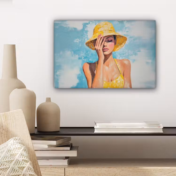 Canvas schilderij - Schilderij - Vrouw - Hoed - Geel — 5