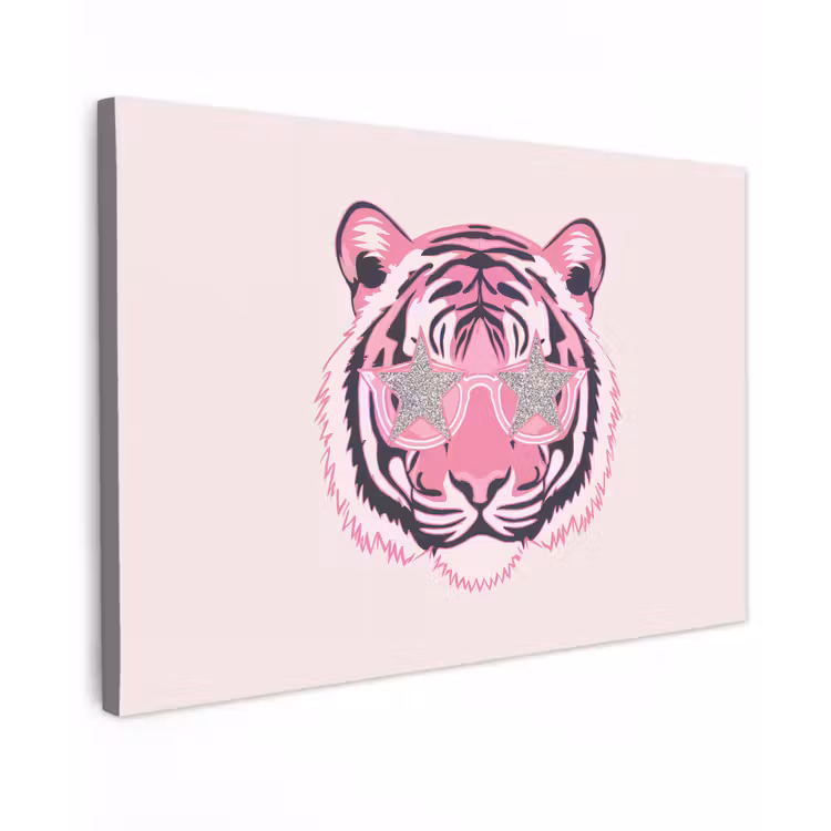 Canvas schilderij - Tijger - Glitterzonnebril - Roze — 1
