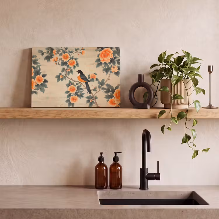Canvas schilderij - Vogel - Tak - Bloemen - Oranje — 3